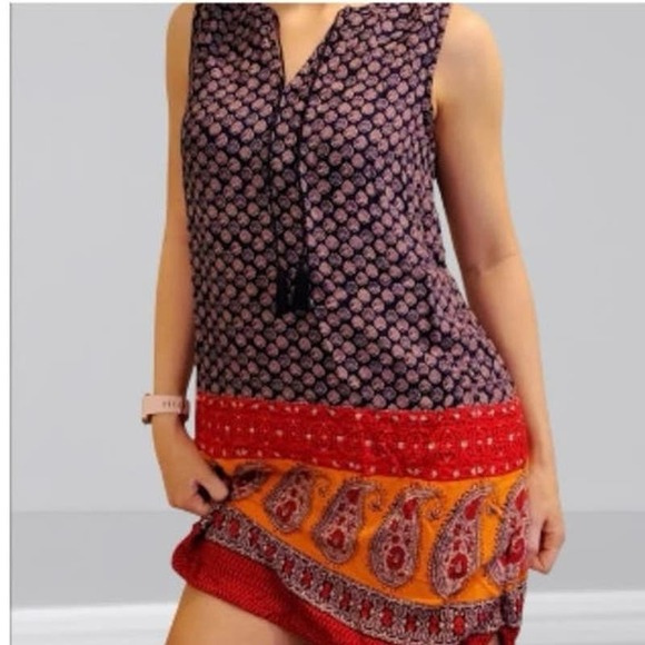 BeachLunchLounge Dresses & Skirts - Beachlunchlounge small women boho shift dress blue paisley tassel ties high low